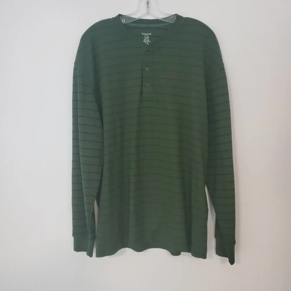 Haggar Sweater Henley 3 Button Green Striped Cotton Blend Mens XL‎